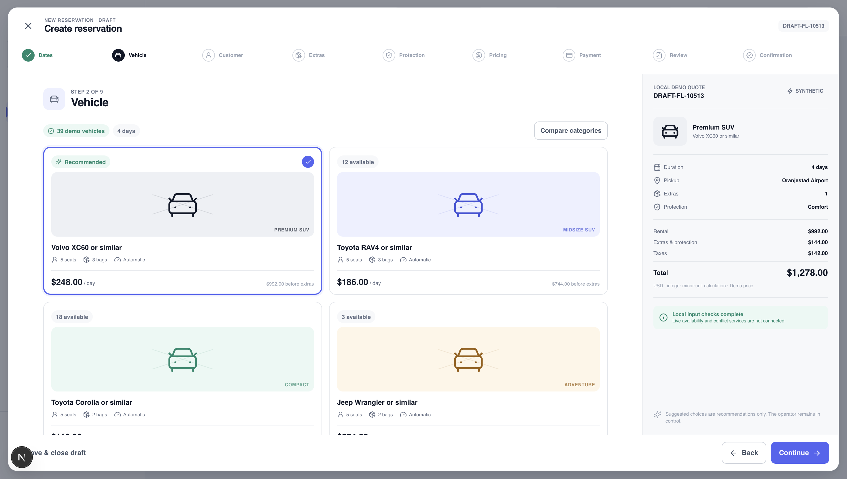 LAREVONT reservation workflow showing multi-location vehicle availability and selection